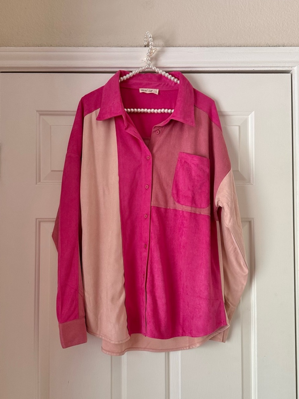 New In Fuchsia & Pink Abstract Color Block Suede Button Down - Picture 2 of 7